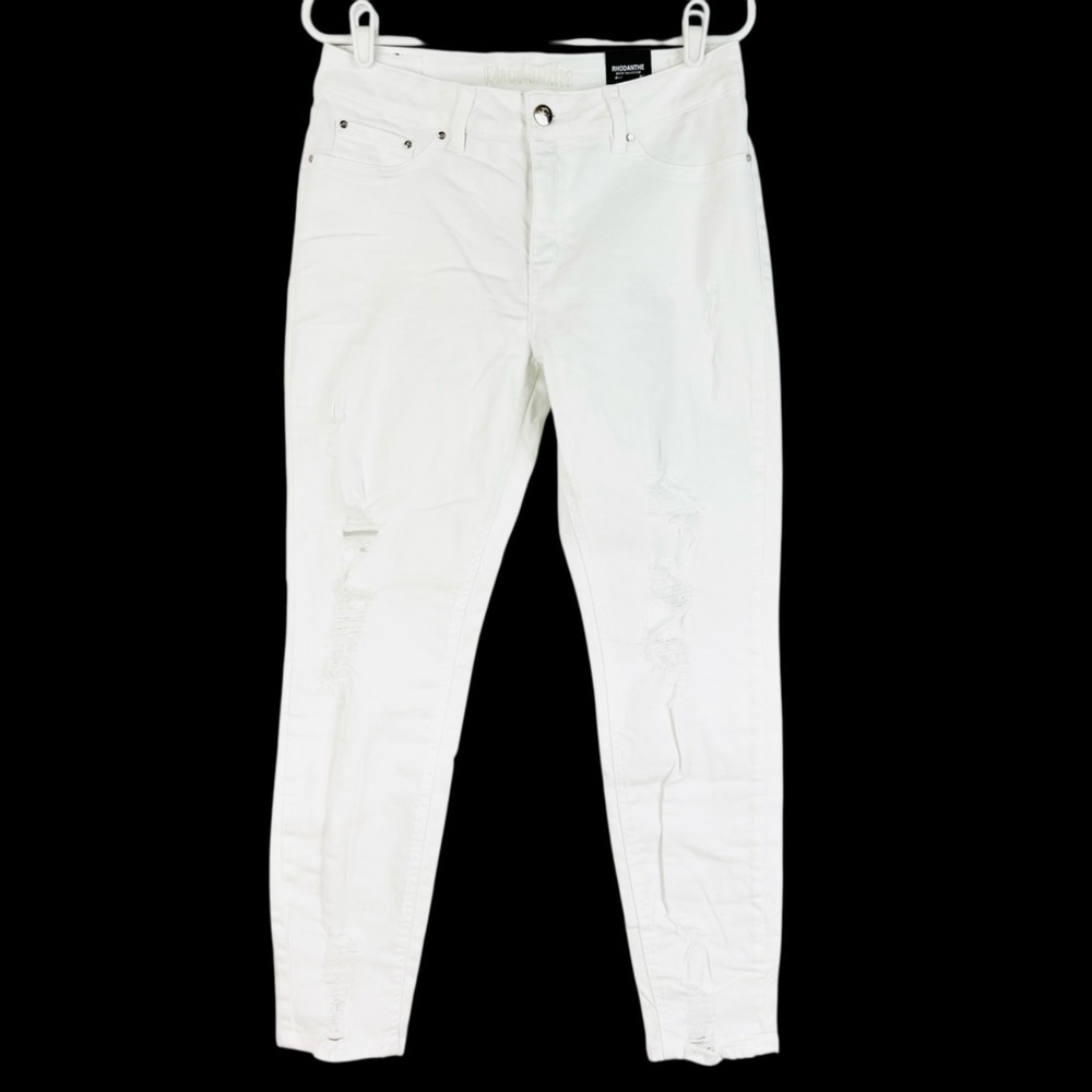 Rhodanthe Women's RO1 Distressed Stretch Boyfriend Jeans Sz 10 White Skinny NWT